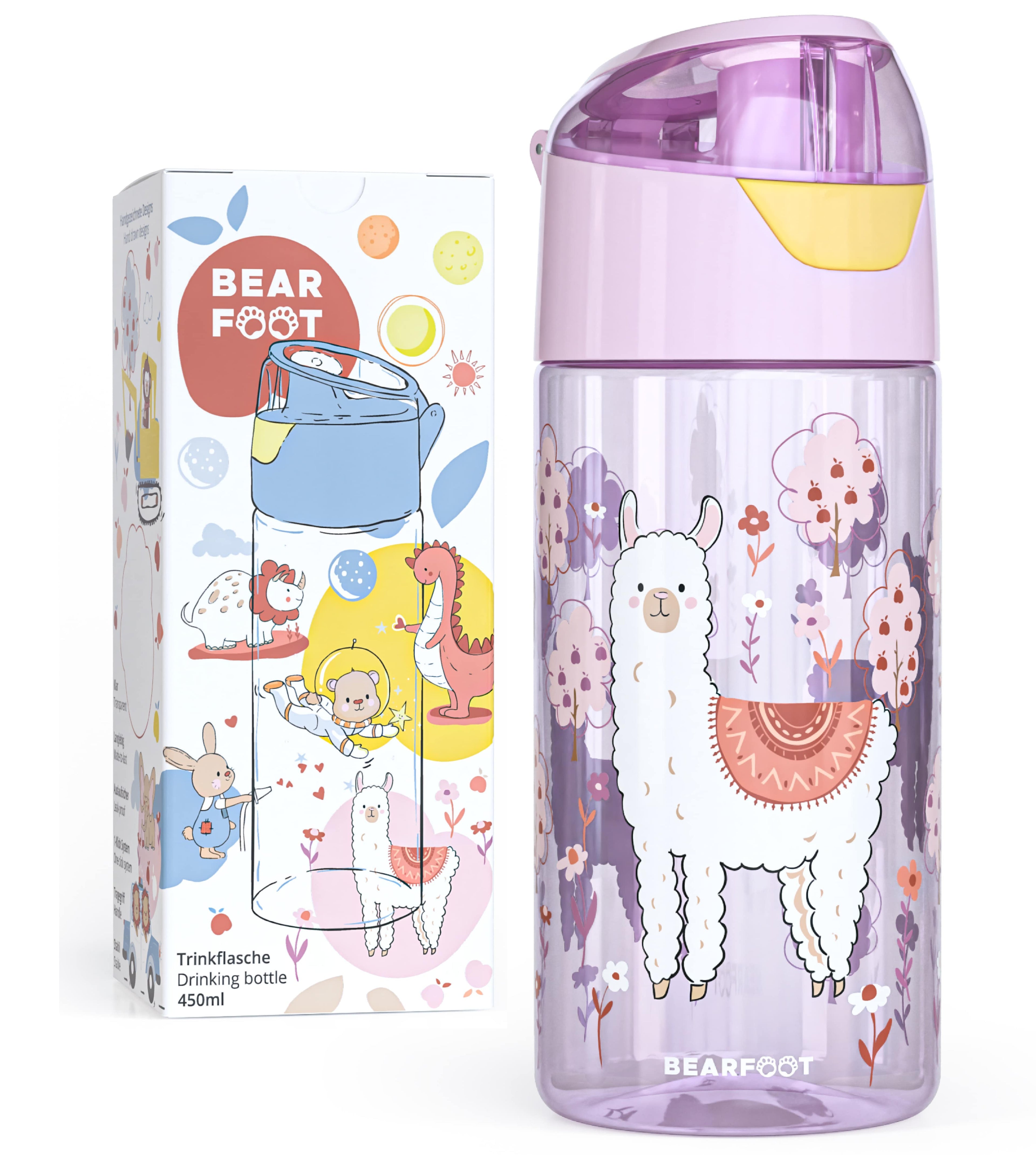 BEARFOOT Leichte Trinkflasche mit Griff und einfacher Öffnung – 450 ml – Lama – Kunststoff-Trinkflasche – MamaMilla