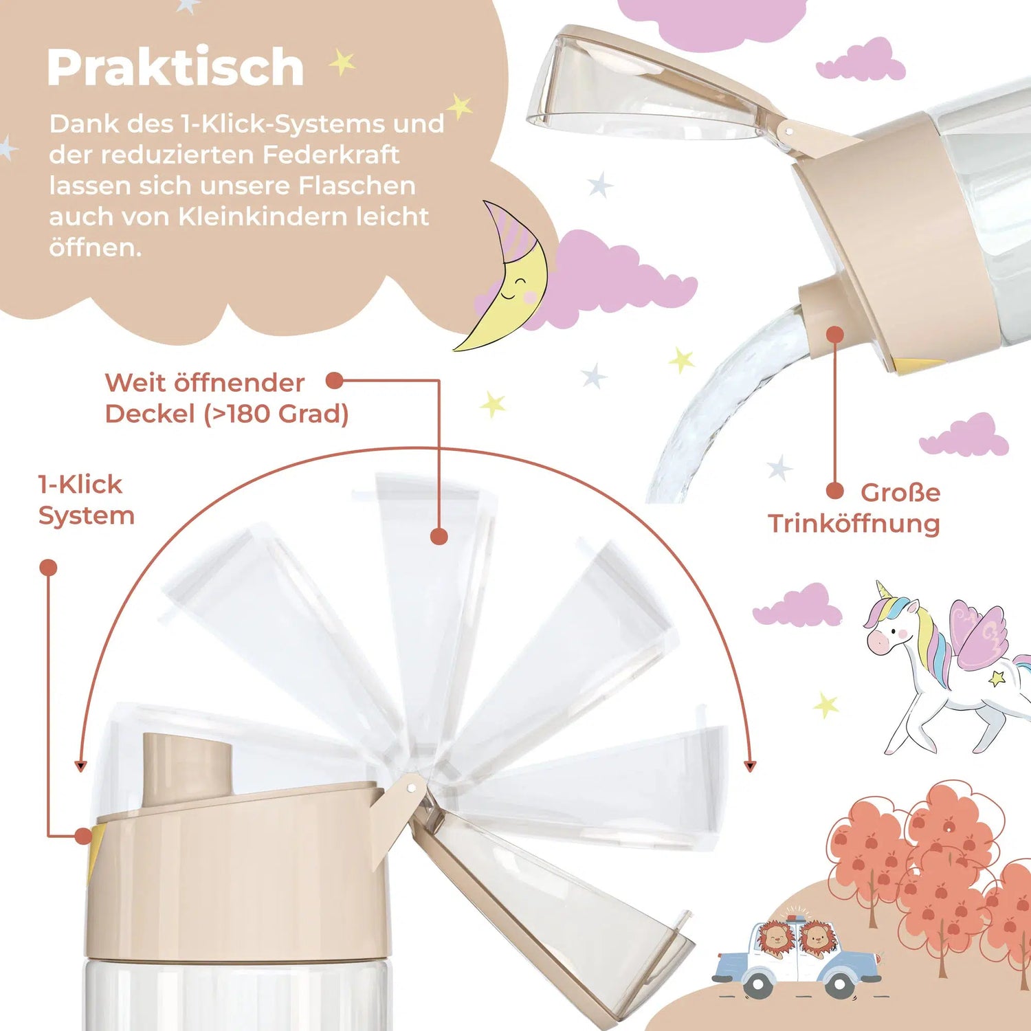 BEARFOOT Leichte Trinkflasche mit Griff und einfacher Öffnung – 450 ml – Safari Friends – Kunststoff-Trinkflasche – MamaMilla