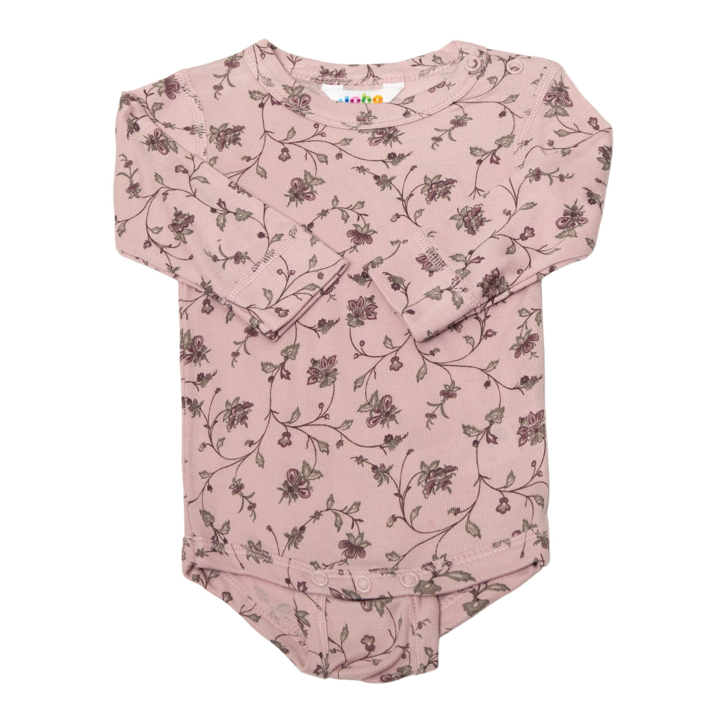 Joha body met lange mouwen in bamboe - Oudroze met bloemen - Body - MamaMilla