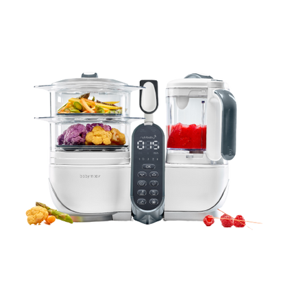 Babymoov Futterautomat - Nutribaby Plus inkl. 15 wiederverwendbare Smoothie-Beutel – Weiß – Lebensmittelmaschine – MamaMilla